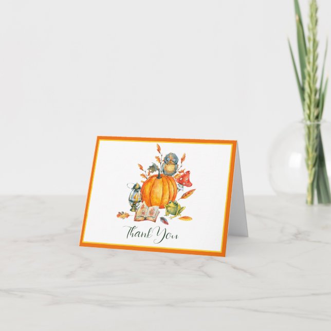 Fall Pumpkin-Eule und Frosch Dankeskarte (Vorderseite)
