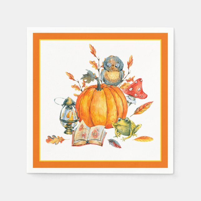 Fall Pumpkin-Eule und Frosch Serviette (Vorderseite)