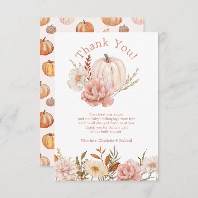 Fall Pumpkin Floral Baby Dusche Danke Karte (Vorne/Hinten)