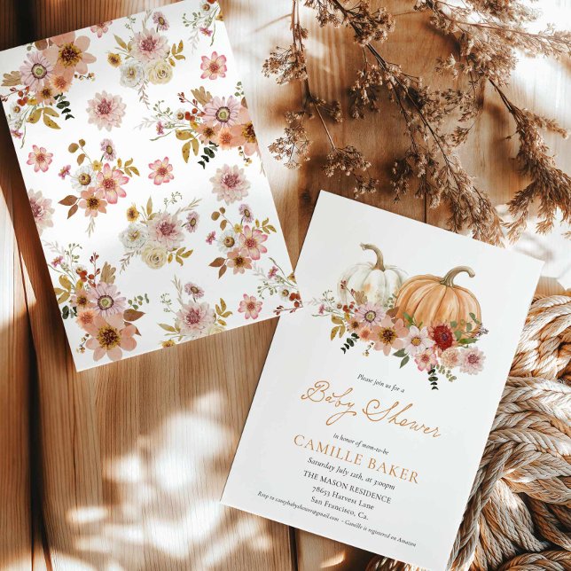 Fall Pumpkin Floral Baby Dusche Einladung (Autumn Pumpkin Floral Girl Baby Shower Invitation)