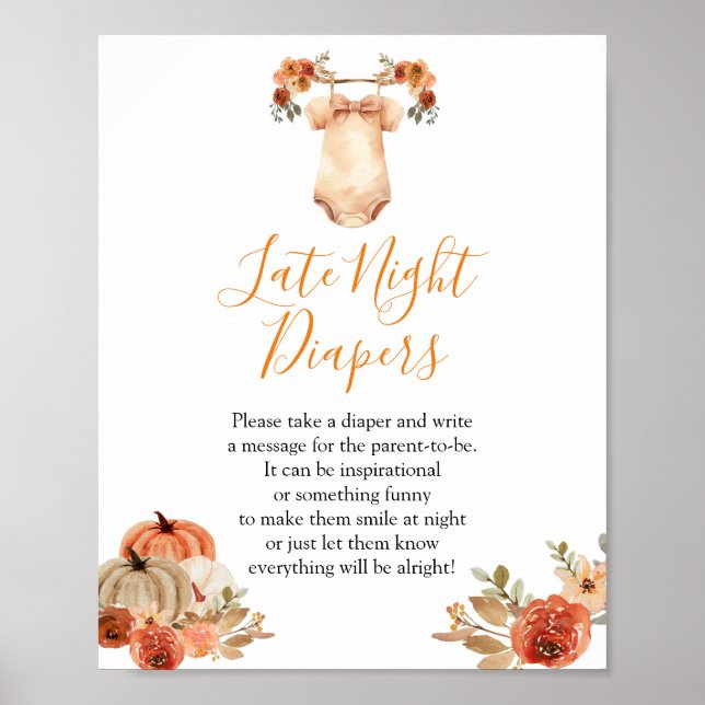 Fall Pumpkin Floral Baby Dusche Spate Night Diaper Poster (Vorne)