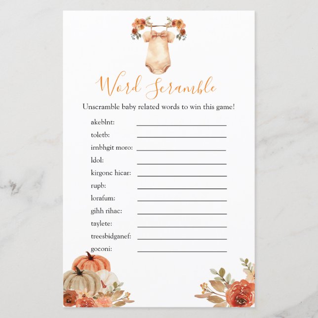 Fall Pumpkin Floral Baby Dusche Word Scramble Spie (Vorderseite)