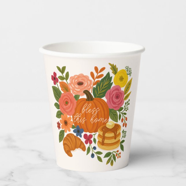 Fall Pumpkin Floral Bless This Home Thanksgiving Pappbecher (Vorderseite)