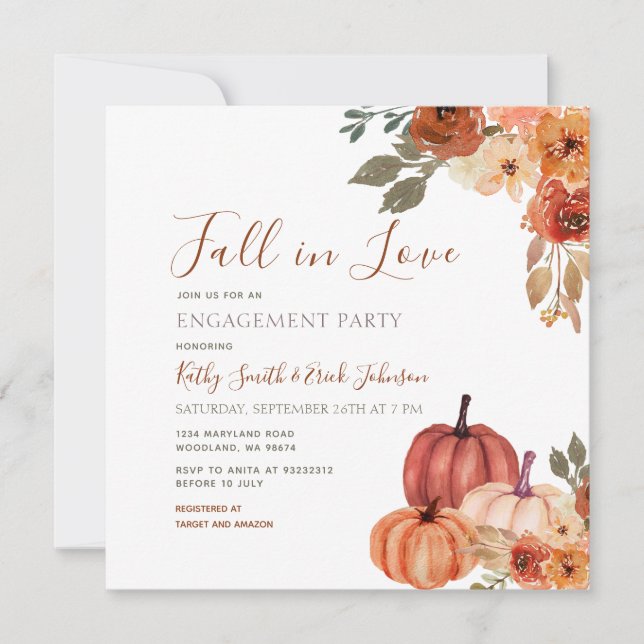 Fall Pumpkin Floral Fall Liebe Engagement Party Einladung (Vorderseite)