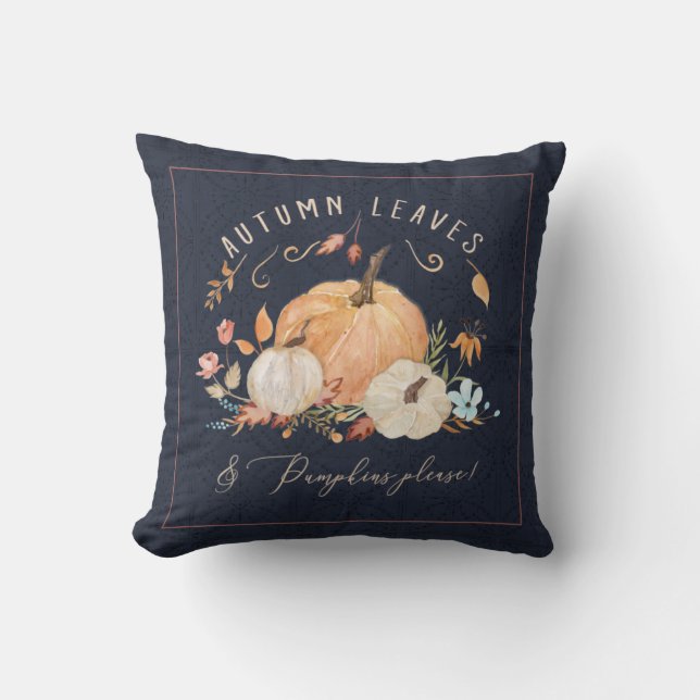 Fall Pumpkin Floral Navy Blue Watercolor Foliage Kissen (Vorderseite)