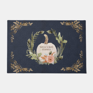 Fall Pumpkin Foliage Peach Floral Welcome Family Fußmatte