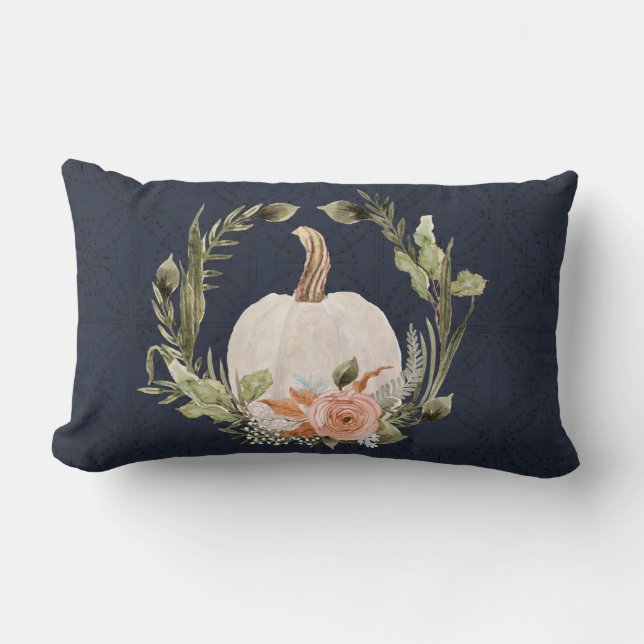 Fall Pumpkin Foliage Terracotta Floral Navy Blau   Lendenkissen (Vorderseite)