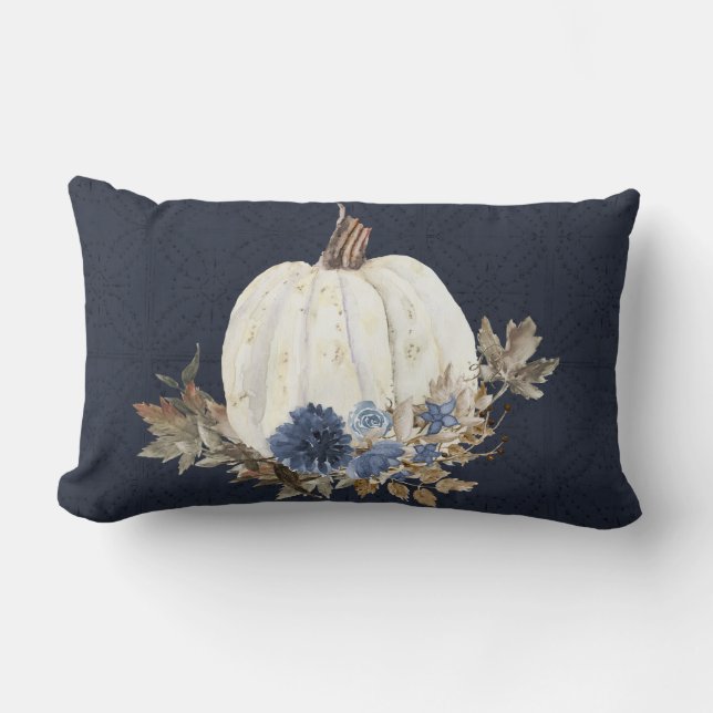 Fall Pumpkin Foliage Watercolor Navy Blue Floral Lendenkissen (Vorderseite)