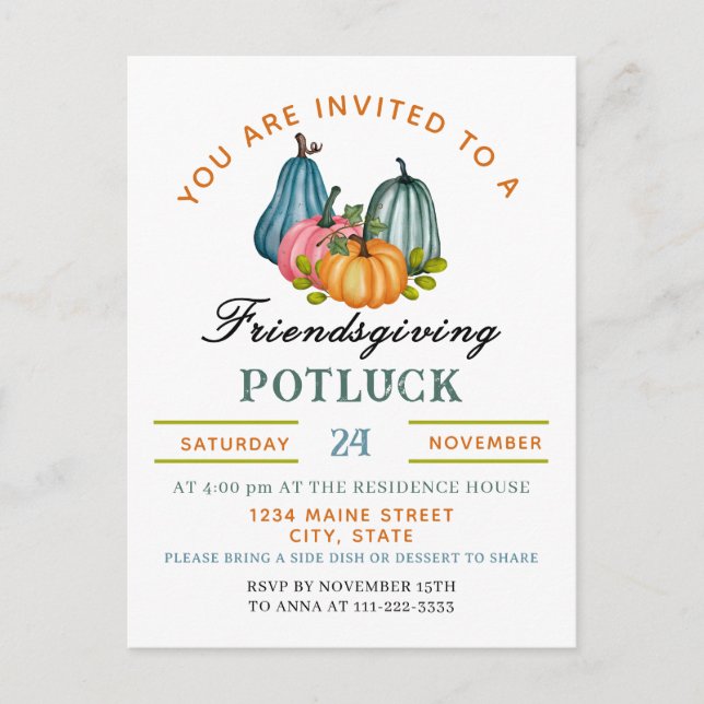 Fall Pumpkin Friendsgiving Potluck Einladung Postkarte (Vorderseite)