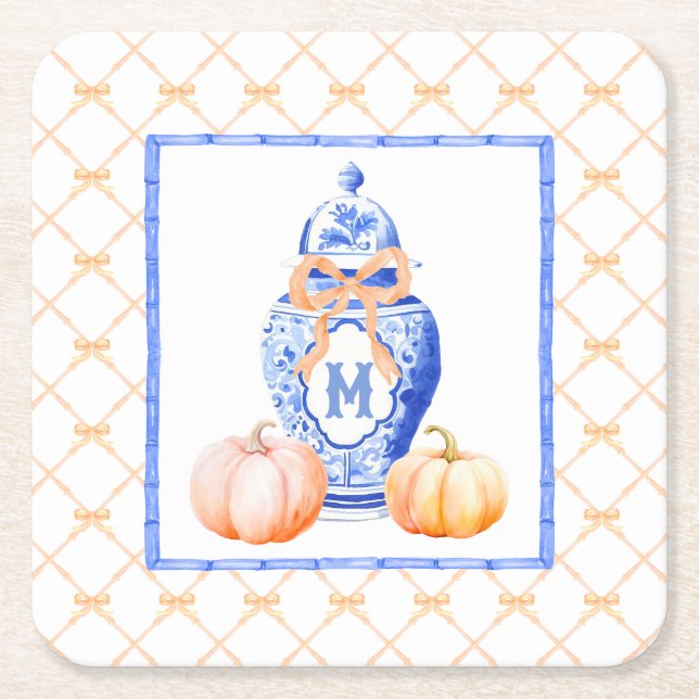 Fall Pumpkin | Ginger Jar Monogram Rechteckiger Pappuntersetzer (Vorderseite)