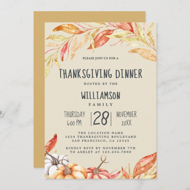 Fall Pumpkin Golden Foliage Erntedank Dinner Einladung (Vorne/Hinten)