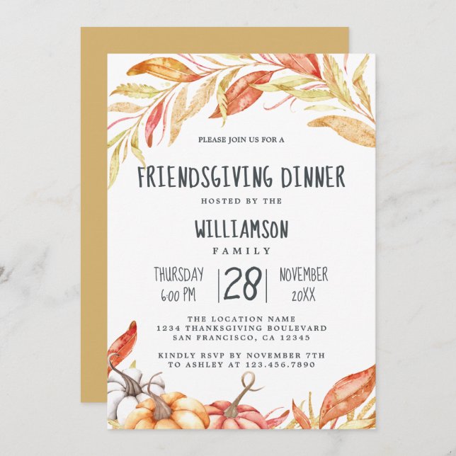 Fall Pumpkin Golden Foliage Friendsgiving Dinner Einladung (Vorne/Hinten)