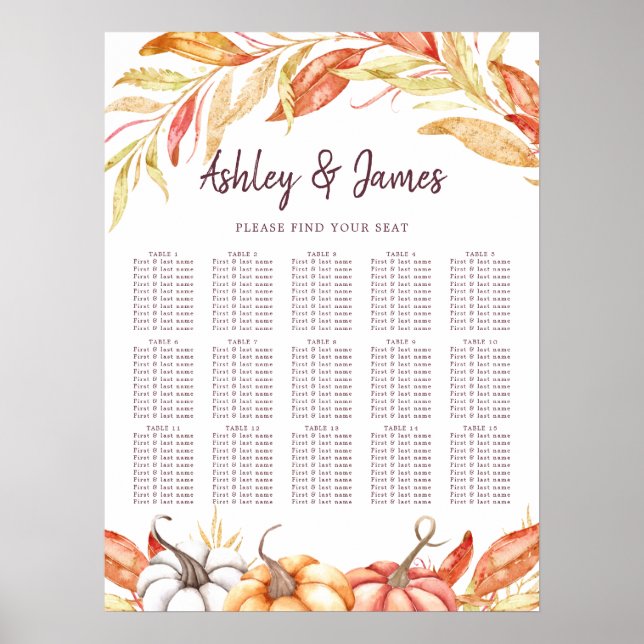 Fall Pumpkin Golden Foliage Hochzeitstabelle Poster (Vorne)