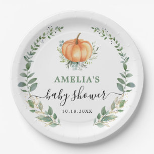 Fall Pumpkin Greenery Gold Foliage Baby Shower Pappteller