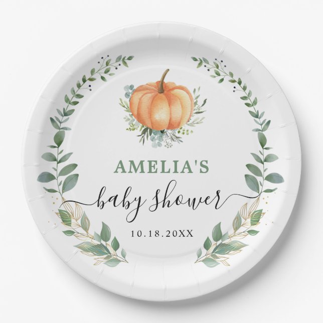 Fall Pumpkin Greenery Gold Foliage Baby Shower Pappteller (Vorderseite)