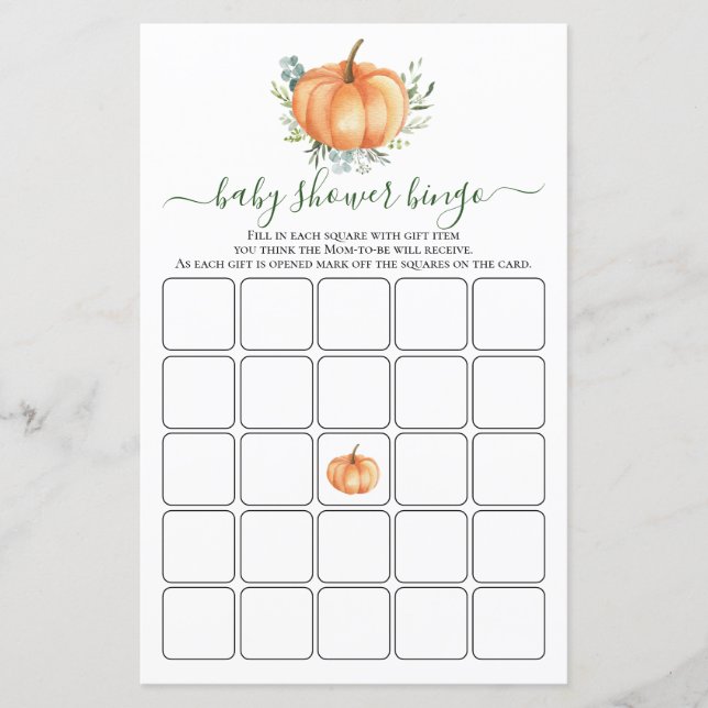 Fall Pumpkin Greenery Verlass Baby Shower Bingo Ga (Vorderseite)