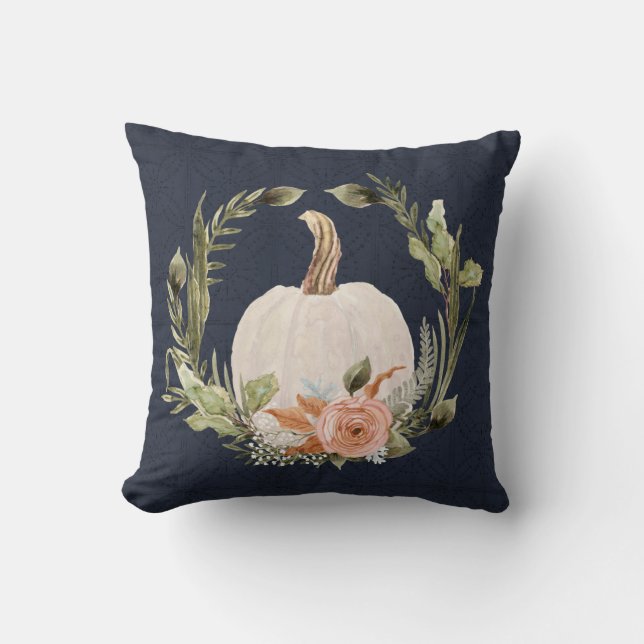 Fall Pumpkin Navy Blauer Pfirsichrost Blumenblätte Kissen (Vorderseite)