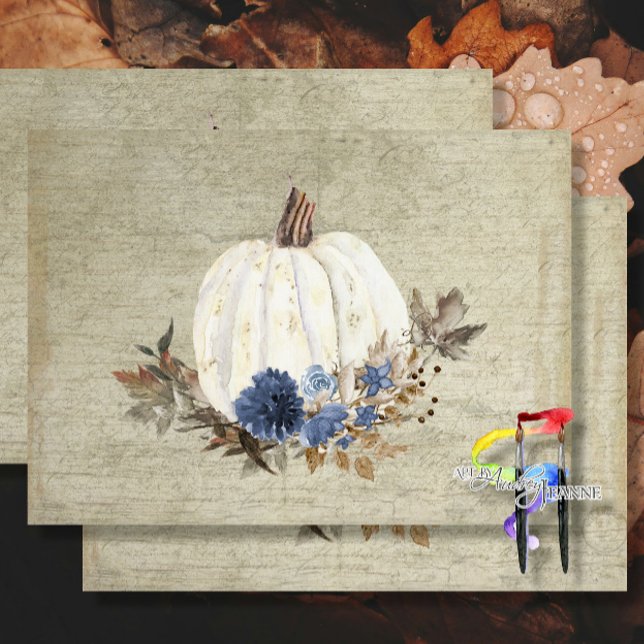 Fall Pumpkin Navy Blue Floral Script Rustic Wood Seidenpapier (Von Creator hochgeladen)