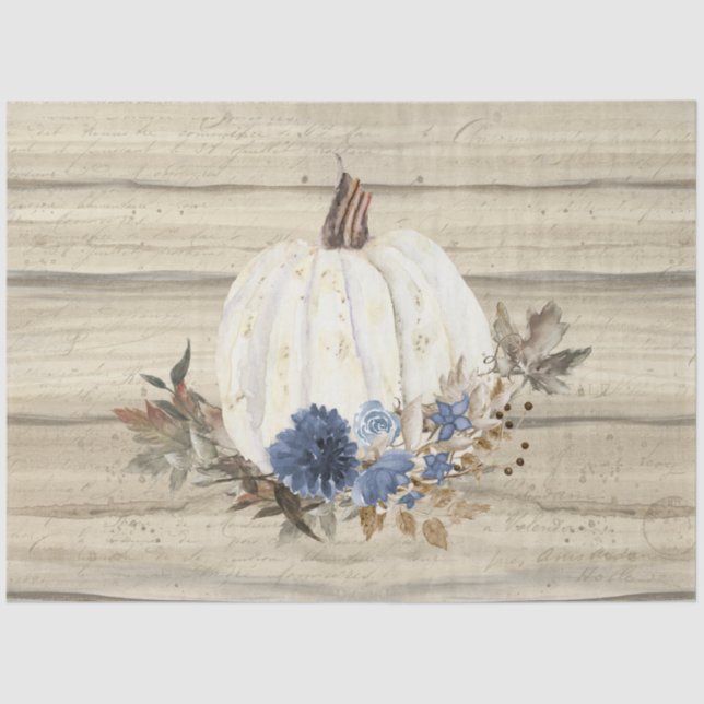 Fall Pumpkin Navy Blue Floral Script Wooden Seidenpapier (Vorderseite)