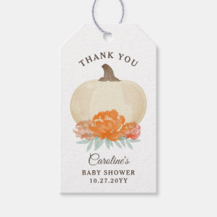Fall Pumpkin Orange Floral & Burlap Baby Dusche Geschenkanhänger
