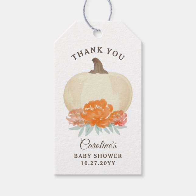 Fall Pumpkin Orange Floral & Burlap Baby Dusche Geschenkanhänger (Vorderseite)