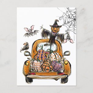 Fall Pumpkin Patch Truck mit Fledermausvogel Feiertagspostkarte