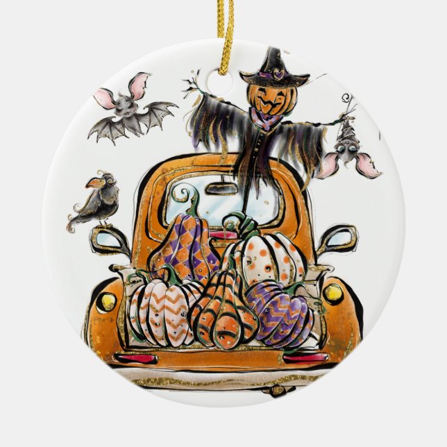 Fall Pumpkin Patch Truck mit Fledermausvogel Keramik Ornament (Vorne)