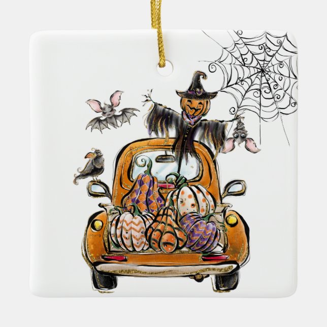 Fall Pumpkin Patch Truck mit Fledermausvogel Keramikornament (Vorderseite)
