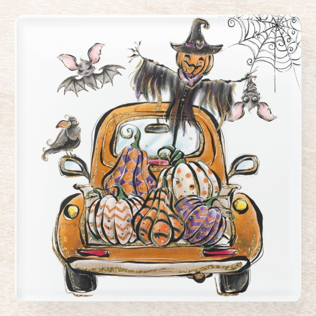 Fall Pumpkin Patch Truck with bats scarecrow bird  Glasuntersetzer (Vorderseite)