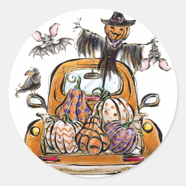 Fall Pumpkin Patch Truck with bats scarecrow bird  Runder Aufkleber (Vorderseite)