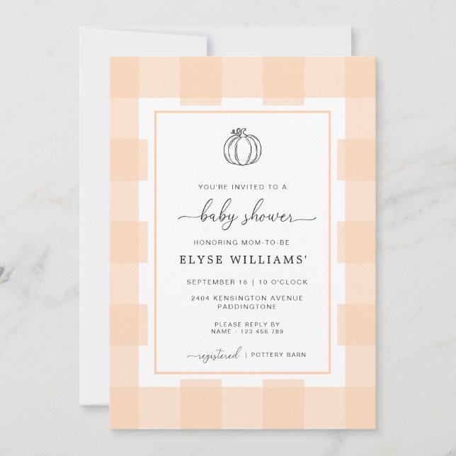 Fall Pumpkin Peach Gingham Baby Shower Einladung (Vorderseite)