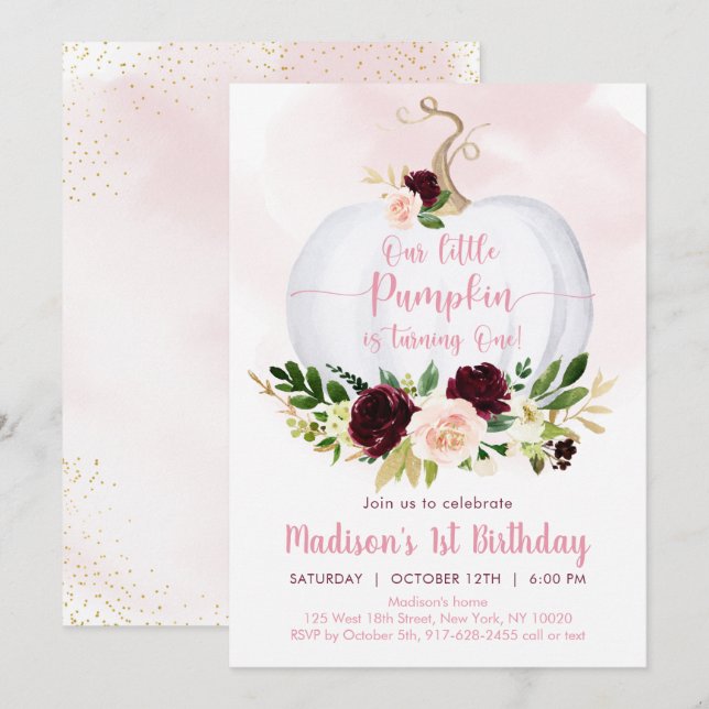 Fall Pumpkin Pink Burgundy Gold Erstgeburt Einladung (Vorne/Hinten)