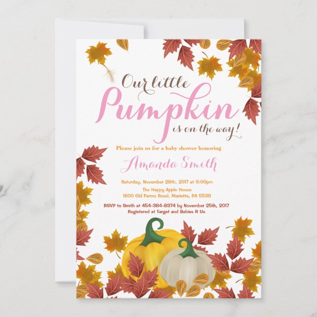 Fall Pumpkin Pink Girl Baby Dusche Einladung (Vorderseite)