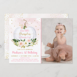 Fall Pumpkin Pink Gold Confetti Erster Geburtstag Einladung