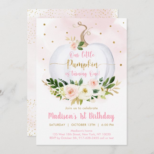 Fall Pumpkin Pink Gold Girl Erster Geburtstag Einladung (Vorne/Hinten)