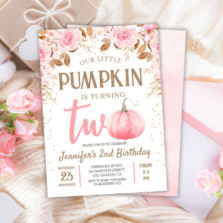 Fall Pumpkin Pink & Gold Girl Floral 2. Geburtstag Einladung