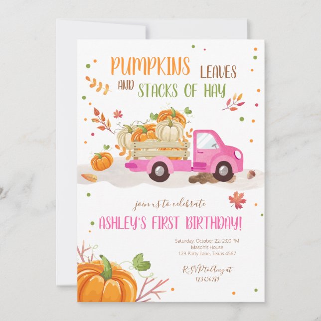 Fall Pumpkin Pink Truck Orange Green Girl Geburtst Einladung (Vorderseite)