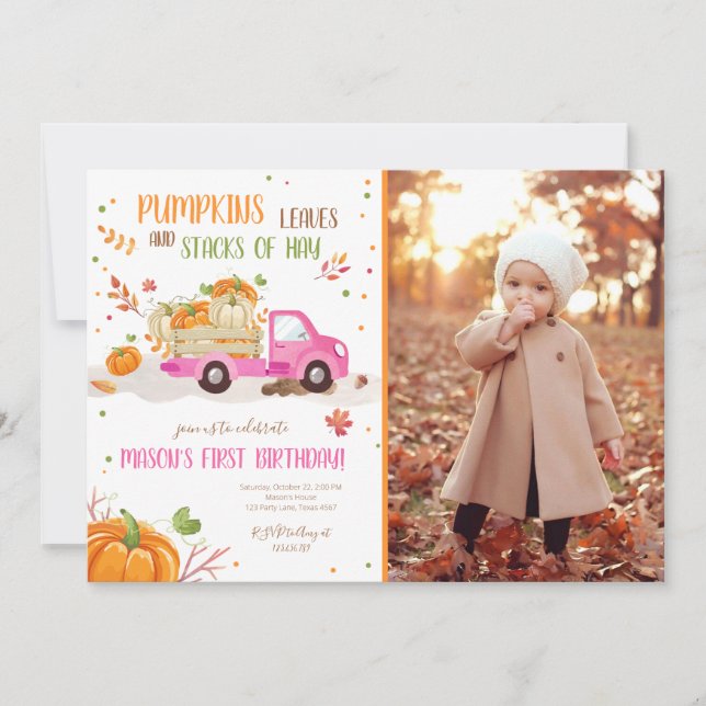 Fall Pumpkin Pink Truck Orange Green Girl Geburtst Einladung (Vorderseite)