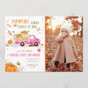 Fall Pumpkin Pink Truck Orange Green Girl Geburtst Einladung