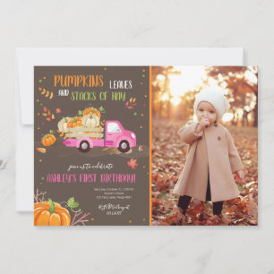 Fall Pumpkin Pink Truck Orange Green Girl Geburtst Einladung