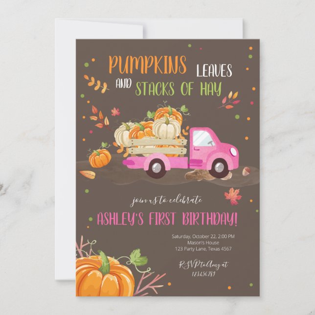 Fall Pumpkin Pink Truck Orange Green Girl Geburtst Einladung (Vorderseite)