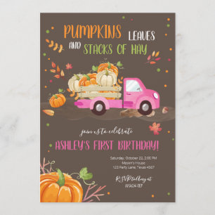 Fall Pumpkin Pink Truck Orange Green Girl Geburtst Einladung