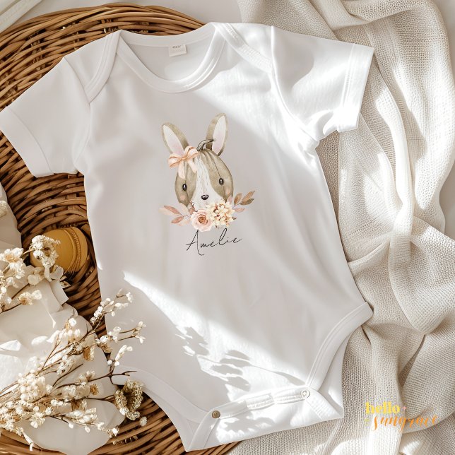 Fall Pumpkin Rabbit Floral Baby Bodysuit Strampler (Pumpkin Rabbit Boho Baby Bodysuit)