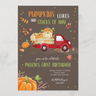 Fall Pumpkin Red Truck Orange Green Boy Geburtstag Einladung