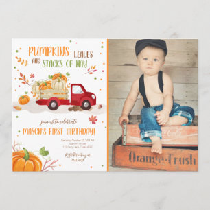 Fall Pumpkin RedTruck Orange Green Boy Geburtstag Einladung