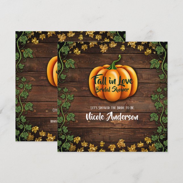 Fall Pumpkin Rustic Green Gold Ivy Brautparty Einladung (Vorne/Hinten)