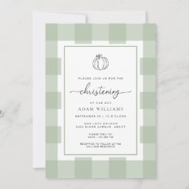Fall Pumpkin Sage Green Gingham Christening Einladung