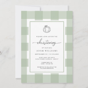 Fall Pumpkin Sage Green Gingham Christening Einladung