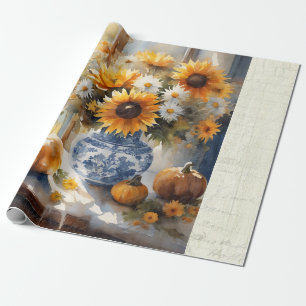 Fall Pumpkin Sonnenblumen Bläserblütenblau Weiße D Geschenkpapier