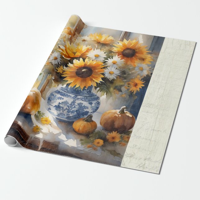 Fall Pumpkin Sonnenblumen Bläserblütenblau Weiße D Geschenkpapier (Ungerollt)